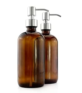 Cornucopia 16-Ounce Amber Glass Bottles w/Stainless Steel Pumps (2-Pack); Lotion &amp; Soap Dispenser Brown Boston Round Bottles for Aromatherapy, DIY, Home &amp; Kitchen