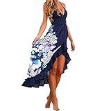 Amiley Summer Sexy deep V-Neck Women Summer Boho Long Maxi Party Cocktail Empire Dress Beach Swimming Pool Sundress (L, Blue)
