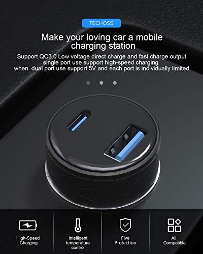 Car Charger, Techoss 36W All Metal Car Charger Adapter Mini Flush Fit USB+PD Car Charger Dual Port Charging, Compatible with iPhone XR/Xs/Max/X/8/7/Plus, iPad Pro/Air 2/Mini, Galaxy, LG, HTC and More