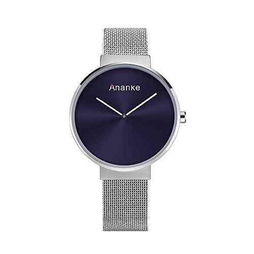 Ananke Men's Quartz Minimalist Wrist Watch Waterproof with Silver Stainless Steel Mesh Bracelet Deep Blue Dial Scratch-Resistant
