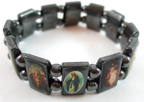 Hematite Black Flexible Bracelet with Saints Icons Mary / Jesus by Accessory