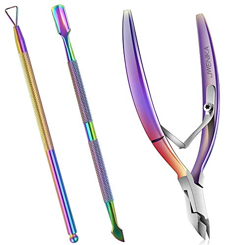 Cuticle Trimmer with Cuticle Pusher 3 Pieces, Professional Stainless Steel Nipper Clippers Cuticle Remover manicure tools Set Cuticle Cutter for Fingernails and Toenails Chameleon - Thumbnail 7