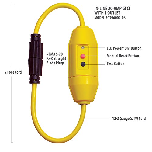 Tower Manufacturing 30396002-08 Manual-Reset 20 AMP Inline GFCI Cord, 2 Feet, Yellow