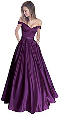 Vickyben Women Long Off-Shoulder Princess Satin Beaded Prom Dress Evening Dress Bridesmaid Dress Ballgown Prom Dress with Pocket