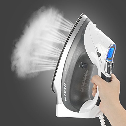 Beautural 1800 Watt Variable Temperature and Steam Iron with LCD Display, Double Ceramic Coated Soleplate, 6.2ft Power Cord and 340ML Tank-White/Grey