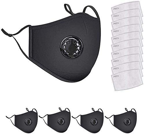 5 Pack Protective Covers with 10 Cotton Filter Sheet,Washable Reusable Protection Face Mask with Breathing Valve-Black