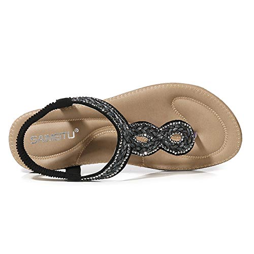 Meeshine Womens Summer Beach Flat Sandals Rhinestone Shiny Beads Slip On Flip Flops Thong Shoes(7 B(M) US,Black 07) - Thumbnail 2