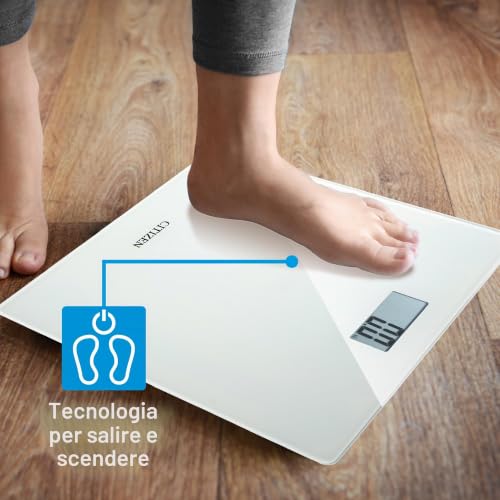 Citizen Digital Tempered Glass Bathroom Scale, 0.1 kg Precise Bathroom Scale with Large LCD Display, Step-On Technology, Ultra-Slim Design 22 mm, White