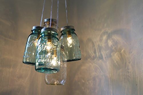 Mason Jar Chandelier - 5 Pendant Cluster - Mix of Clear and Vintage Aqua Blue Ball Brand Quarts