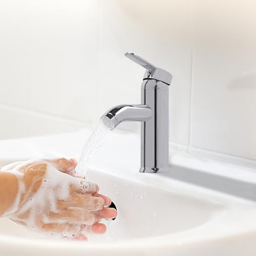 FALSKT Stainless Steel Basin Tap, Curved Spout Bathroom Tap, Single Lever Basin Mixer Tap with Stick Shaped Handles, for Bathrooms, Kitchens, Toilets, Silver