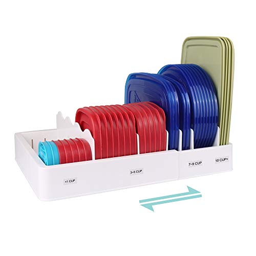SWOMMOLY Expandable Food Storage Container Lid Organizer, Includes 6 Adjustable Dividers, 30 Preprinted and Blank Writable Labels, White