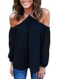Happy Sailed Women Chiffon Off Shoulder Long Sleeve Halter Neck Shirt Blouse Tops