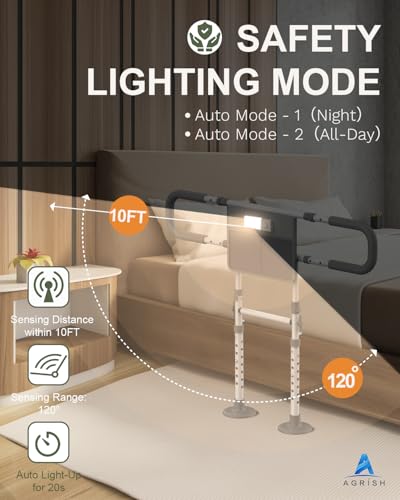 Agrish Bed Rail with Riser Handle and LED Light | Adjustable, with storage pocket and fits double and king size beds; ideal for seniors, convalescents and disabled