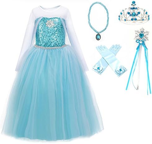 Ice Queen Elsa Blue Snowflake Jewel Costume Dress Gift Set (Blue, 7-8)
