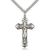 Sterling Silver Crucifix Pendant 1 5/8 x 7/8 inches with Heavy Curb Chain