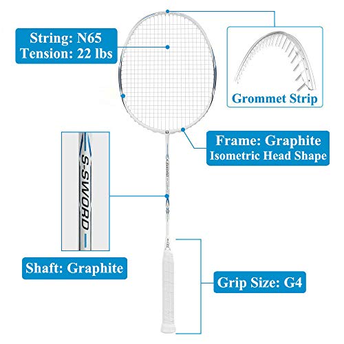 WHIZZ Graphite Badminton Racket Set, Upgraded Version with Grommet Strip (Sword Black+White)