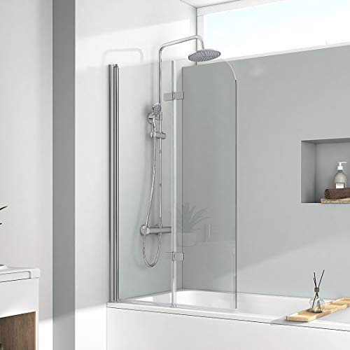EMKE 120x140cm Duschwand für Badewanne Duschtrennwand Faltwand Duschabtrennung Badewannenaufsatz 6 mm Glas NANO einfach-Reinigung Beschichtung Bdewann
