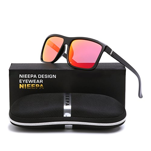 NIEEPA Men's Driving Sports Polarized Sunglasses Square Plastic Frame Glasses (Red Silver Lens/Bright Black Frame) - Thumbnail 7
