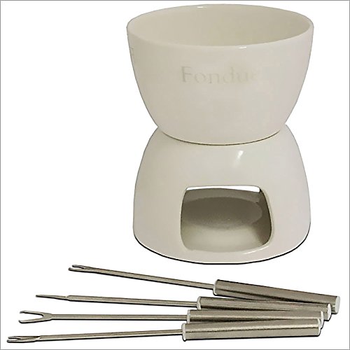 Relaxdays Gmbh Ceramic Chocolate Fondue Set Incl 4 Forks White - Thumbnail 2