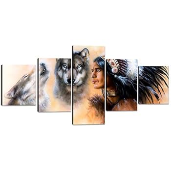 Modern Wolf Art 5 Panels Native American Indian with Ethnic Feather Two Wolves Canvas Wall Artwork American Posters Framed Ready to Hang for Living Room Bedroom Decor - 50¡¯¡¯W x 24¡¯¡¯H