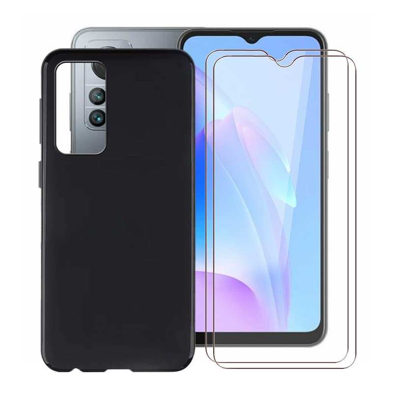 HGJTF Mobile Phone Case for Blackview A85 Case (6.5 Inches) + 2 Pieces Screen Protector, Black Soft Silicone TPU Bumper Scratch-Resistant Protective Case with Tempered Glass for Blackview A85 - Black