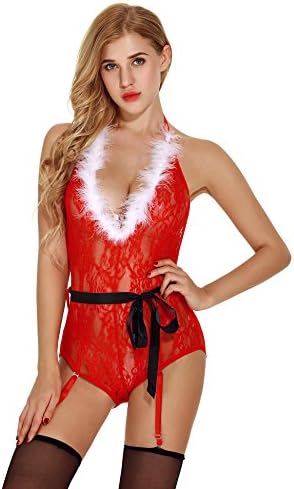 Azerogo Women's Lingerie Bodysuit Red Christams Deep V Halter Lace One Piece Teddy Lingerie with Garter Belts