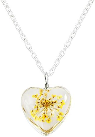 Miweel Heart Surface Dried Pressed Real Flower Transparent Resin Crystal Pendant Necklace
