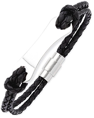Ice carats stainless steel black leather 8 inch bracele…