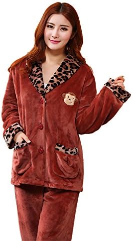 Warmjama Womens Leopard Print Neck Thermal Nightgown Pajamas Set XL Brown