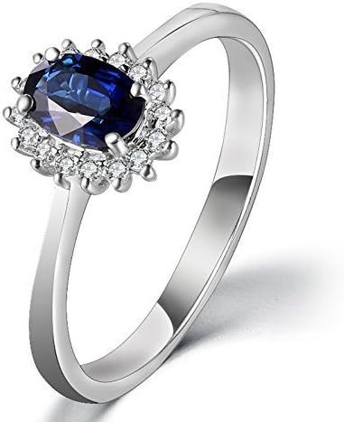 Oval Cut Blue Sapphire Engagement Ring White Gold Halo Diamond Ring Classic Claw Prongs