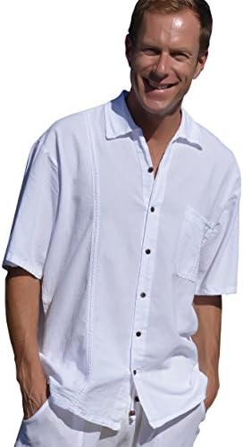 Cotton Natural Men's Button Tab Short Sleeved Pima Cotton Button Down (Large)