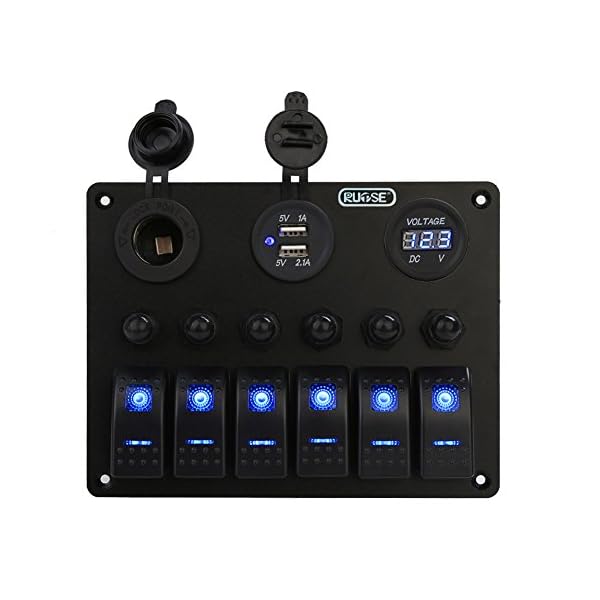 Rupse-Overload-Protection-6-Gang-Waterproof-Car-Marine-Boat-Circuit-Blue-LED-OnOff-Rocker-Switch-Panel-Digital-Voltmeter-12V-Cigarette-Socket-Double-USB-Power-Charger-Adapter