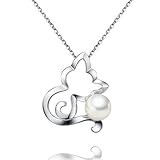 VIKI LYNN Cat Pendant Necklace for Women Freshwater Cultured Pearl 925 Sterling Silver Chain,Gifts for Cat Lovers