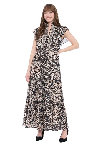 London Times Women's Dresses Women's Mandarin Collar Flutter Sleeve Maxi Dress…