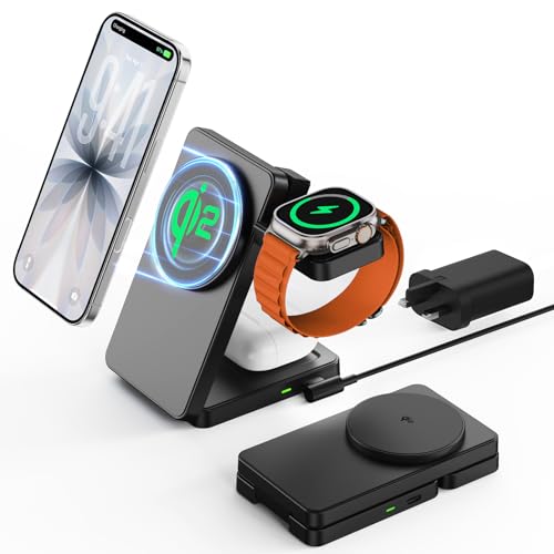 15W Fast Wireless Charging Station, GEEKERA 3 in 1 Magnetic Wireless Charger Stand for Apple Devices, Foldable Travel Charging Dock for iPhone 17 16 15 14 13 12, for Apple Watch & AirPods