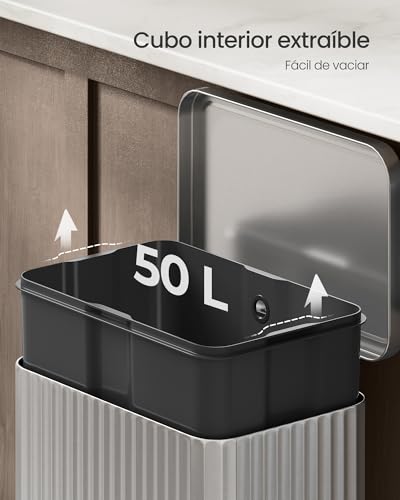 SONGMICS Bote de Basura de Acero Inoxidable para Cocina, con Pedal, Tapa Cierre Suave, 50L, Cubeta Extraíble, Incluye 15 Bolsas MLTB586EZ01