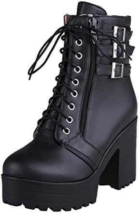 Agodor Women's Platform High Heels Block Lace up Ankle Boots with Zip Closed-Toe Buckle Work Shoes
