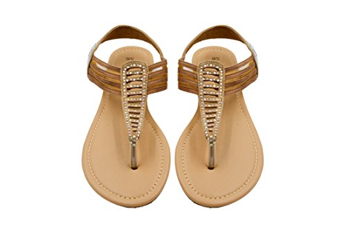 Sara Z Womens T Strap Elastic Vamp Flat Thong Sandal with Rhinestones Size 7/8 Tan
