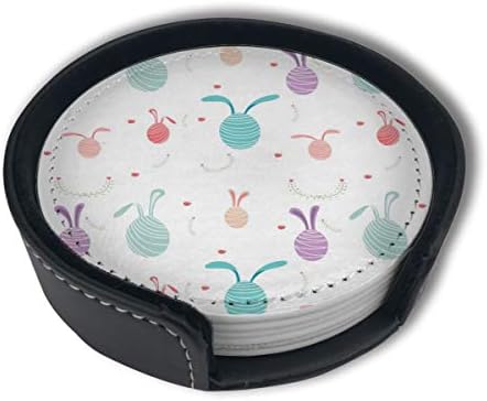 LKJDAD Rabbit Egg Premium PU Leather Coasters, Drink Round Coasters with Holder Sets, Suitable for Home and Kitchen(6PCS)