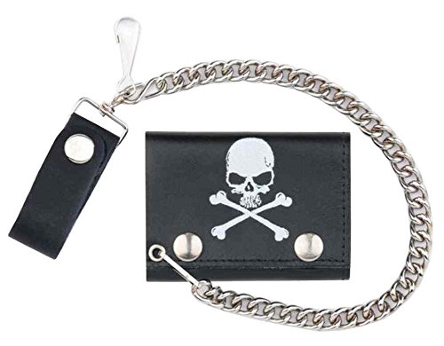 Genuine Leather Men's Skull & Crossbones Tri-Fold Chain Wallet, Black TC304-6