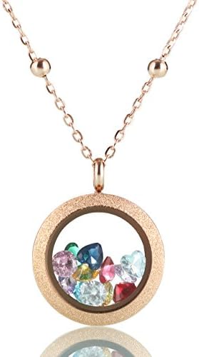 Dream Lassie Floating Living Memory Stainless Steel Round Locket Pendant Necklace for Women Birthstone Zircon Necklace Chain and Zircons Include