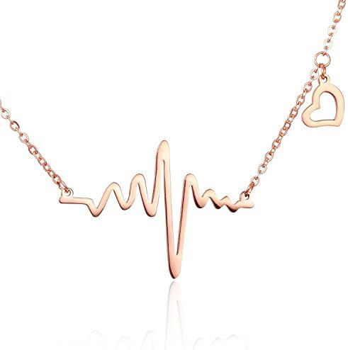 Beau Monde Stainless Steel Heartbeat Pulse Lifeline Necklace with Heart-shaped Charm - Best Jewelry Gift for Women (Rose Gold Plated)