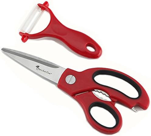 Chef Made Easy Kitchen Scissors with Bonus Ceramic Peeler (Red) - Heavy Duty Stainless Steel Best Kitchen Shears - Dishwasher Safe