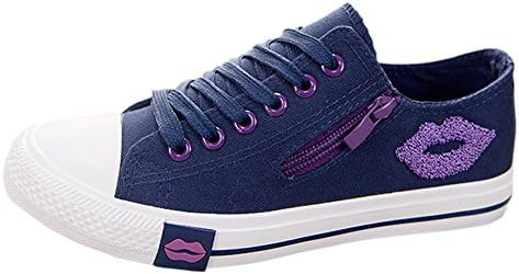 Womens Casual Canvas Shoes Lip Prints Low Top Lace Up Flat Fashion Sneakers, Blue, 7.5 B (M)  US