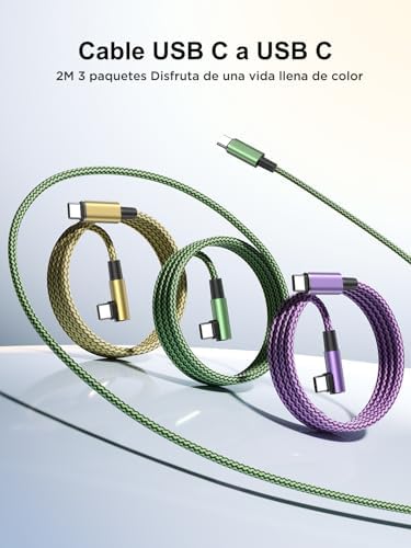 Cabo de carregamento rápido USB C, 3 pacotes 2M USB C para USB C PD3.0 Cabo de nylon USB tipo C 90 graus para iPhone 17 Pro Max Air 16 15, Galaxy S25 S24, iPad, MacBook, Pixel 10 9