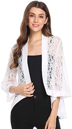Thinlce Women's Fashion 3 4 Sleeve Sheer Lace Crochet Shrug Loose Fit Cardigan,White,Small