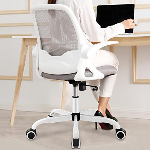KERDOM Chaise de Bureau Ergonomique, Fauteuil avec Accoudoirs Pliants, Chaise d'ordinateur Réticulée, Chaise de Travail, Chaise Portative, Chaise Pivotante 360°, Hauteur Réglable