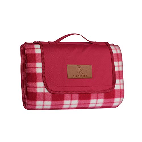PicniKing Extra Large Waterproof Picnic Blanket (78"x59") | Slip Resistant | Premium Polar Fleece | Machine Washable | Foldable Tote | XL (Raspberry)