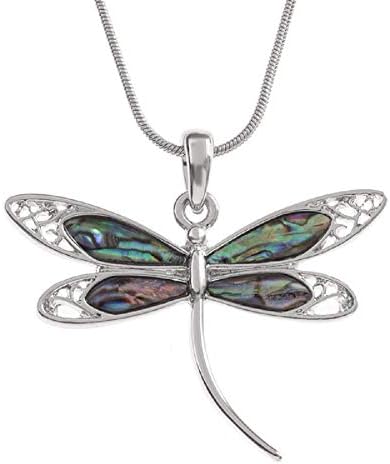 The Quirky Pagan Abalone Jewellery Dragonfly Silver Plated Necklace Inlaid with Natural Green Blue Paua Shell Rhodium Plated Silver Hypoallergenic