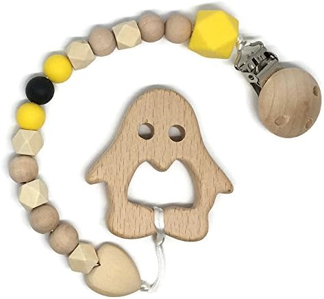 Wooden Teething Toy and Pacifier Clips (Penguin)